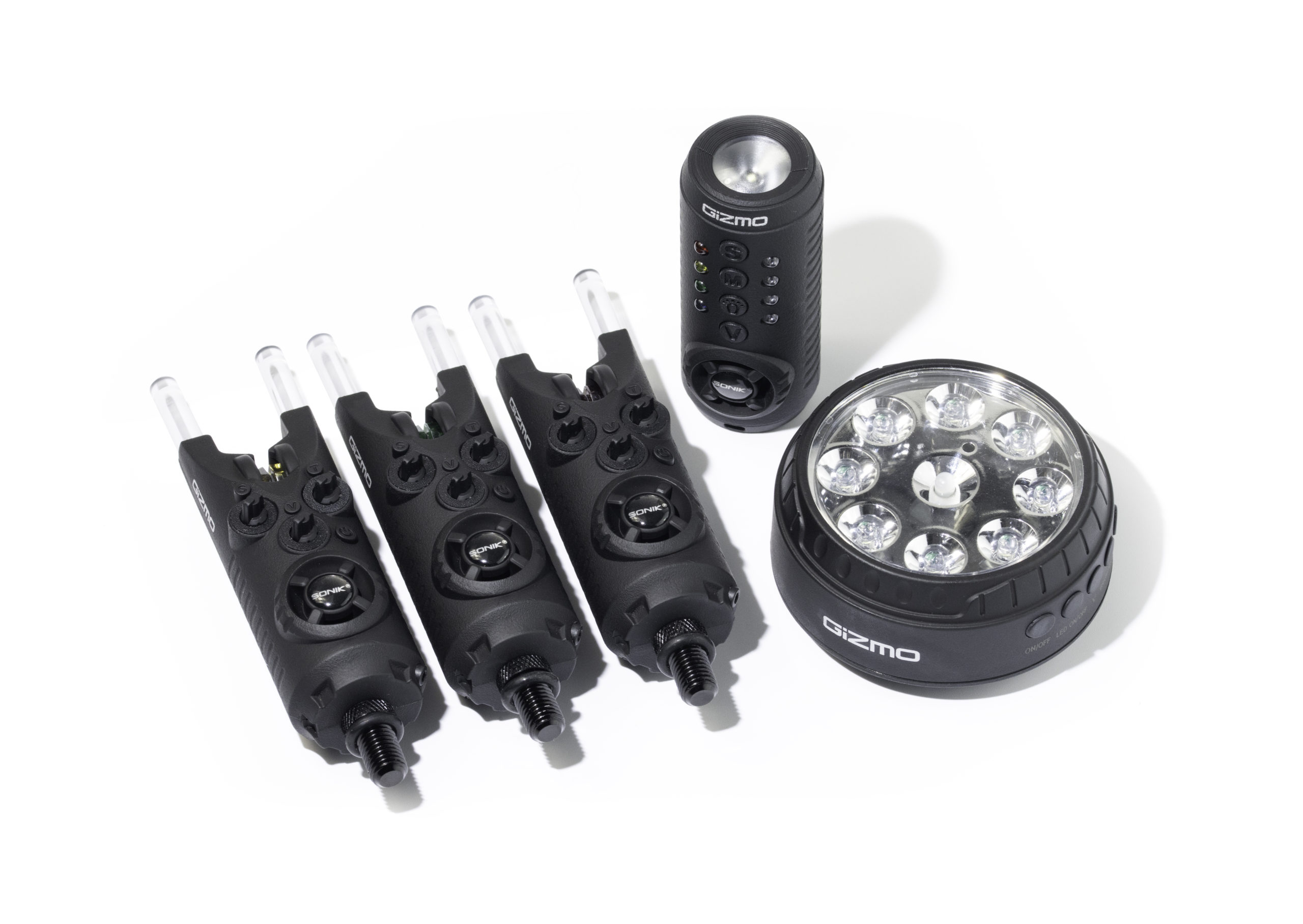 Sonik Gizmo2 Alarm & Receiver 3 Rod Set + Bivvy Light - Carp Kit  International